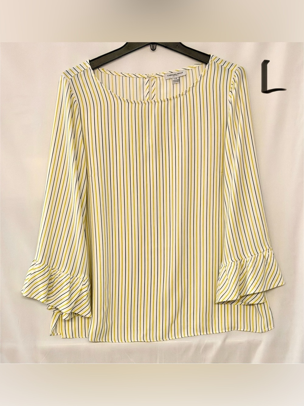 Carolina Belle Yellow and Navy Striped Ruffle-Sleeve Blouse